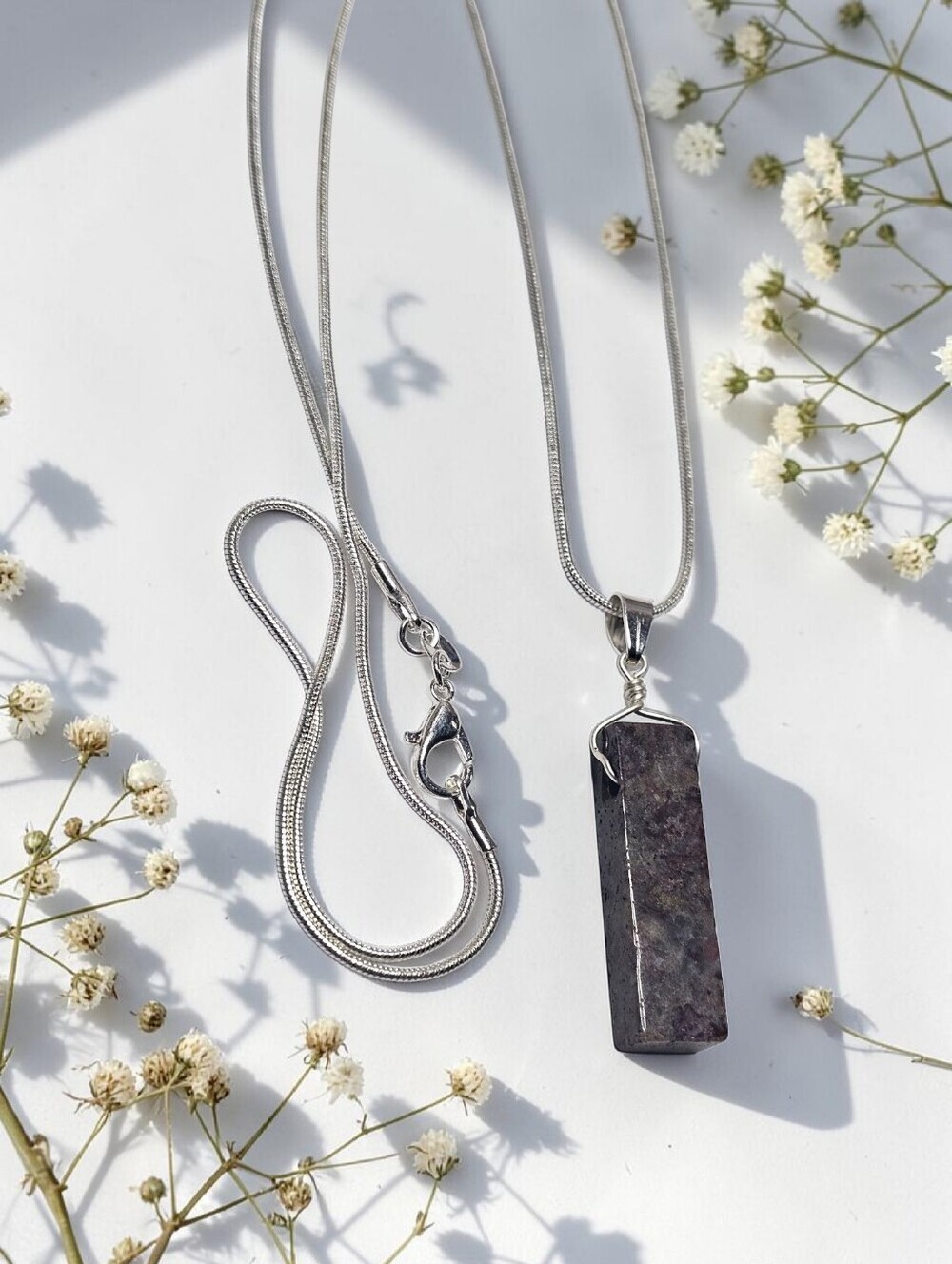 Indian Agate Hex Prism Pendant Necklace - Silver Chain